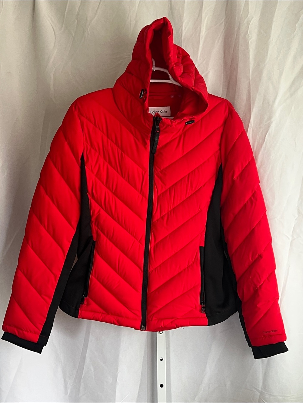 Calvin Klein Red and Black Quilted Hooded Puffer